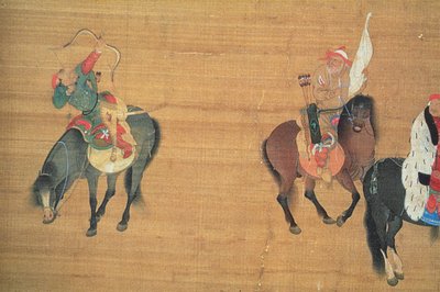 Kubilay Han (1214-94) Avcılık (detay), Yuan hanedanı (ipek üzerine mürekkep ve renk) (bkz. 150417) by Liu Kuan tao