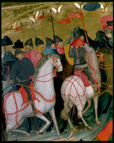 Atlı askerler, Bakire ve Aziz George'un mihrabından detay, c.1390-1400 (panelde mizaç) by Lluís Borrassà