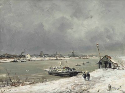 Kışın Wijk bij Duurstede yakınlarında bir feribot geçişi by Lodewijk Frederik Hendrik Apol