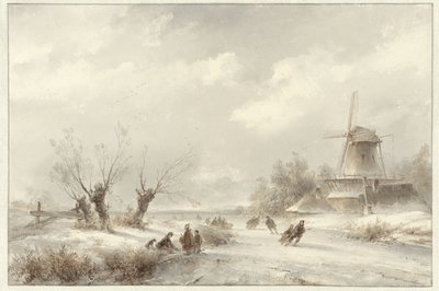 Bir yel değirmeninde buz patencileri ile kış manzarası by Lodewijk Johannes Kleijn