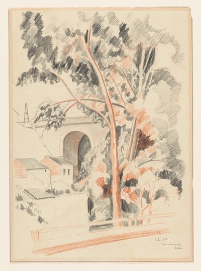Remouchamps'ta bir viyadük altındaki evler ve ağaçlar by Lodewijk Schelfhout (signed by artist)