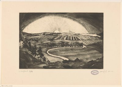 Tepelik bir manzara üzerinde yükselen veya batan güneş La Bruyere (nesne üzerindeki orijinal başlık) by Lodewijk Schelfhout (signed by artist)