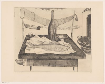 Balık, şişe ve balık ağı ile natürmort Après la pêche (orijinal başlık) by Lodewijk Schelfhout (signed by artist)