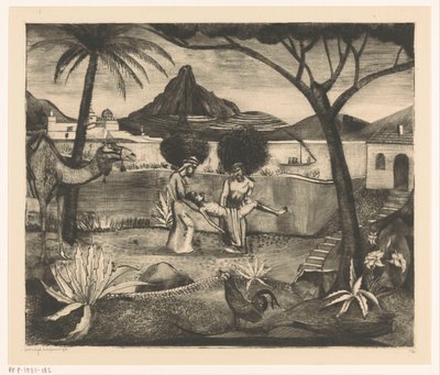 Bahçede bir adam taşıyan iki adam by Lodewijk Schelfhout (signed by artist)