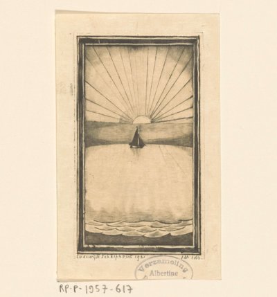 Yükselen veya batan güneşte denizde yelkenli gemi by Lodewijk Schelfhout (signed by artist)