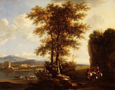 Yolda yolcuların olduğu, sığırları olan bir çobanın ve ötesinde bir kasabanın olduğu İtalyan tarzı ormanlık bir nehir manzarası by Lodewyck van Ludick