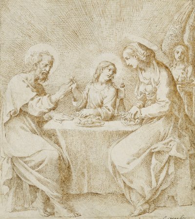 Bir Meleğin Katıldığı Bir Masada Oturan Bebek İsa, Bakire ve Aziz Yusuf, by Lodovico Carracci
