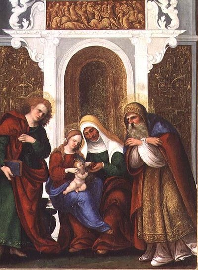 Madonna ve SS'li Çocuk. Anne, Evangelist John ve Zacharias veya Madonna ve Kirazlı Aziz Anne (panel) by Lodovico Mazzolino