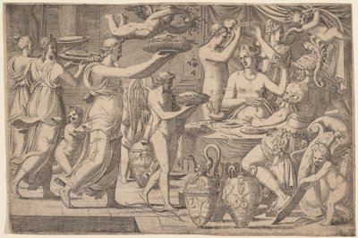 Cupid ve Three Graces tarafından sunulan Venüs ve Mars by Léon Davent, after Luca Penni
