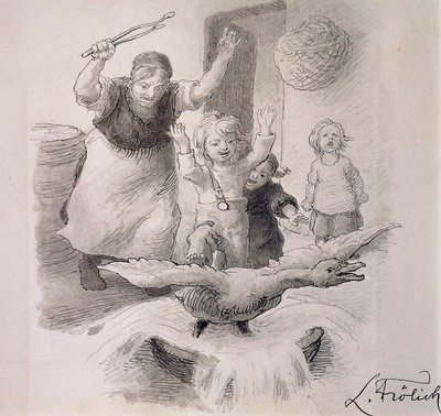 Hans Christian Andersen'in (1805-1875) peri masalı için Lorenz Frolich'in (1820-1908) Çirkin Ördek Yavrusu çizimi. by Lorens Frolich