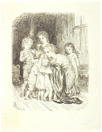 Diz çökmüş bir anne, bir grup çocuğu etrafına toplar. by Lorenz Frølich