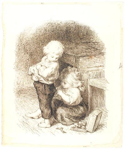 Küçük kız bir oğlanın pantolonunu onarıyor by Lorenz Frølich
