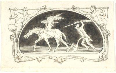 Büyük bir kalemle silahlanmış yüksek şapkalı bir adam tarafından sürülen bir pulluk için yıpranmış bir Pegasus ile Vignette by Lorenz Frølich
