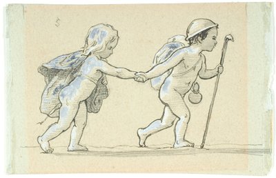 Yürüyen erkek ve kız el ele tutuşarak skeç by Lorenz Frølich