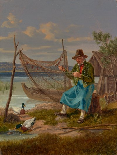 Göl kenarında balıkçıları tamir eden ağlar by Lorenz Quaglio