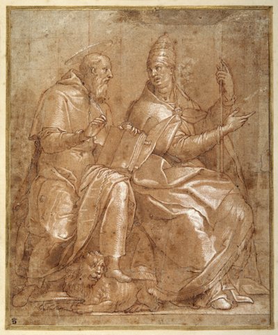 Aziz Jerome, Büyük Aziz Gregory ile sohbet ediyor (kırmızımsı kahverengi yıkama ve kabartmalı tükenmez kalem ve kahverengi mürekkep) by Lorenzo (c.1530 76) Sabatini