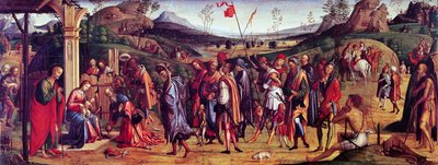 Magi'ye Tapınma, Lorenzo Costa (1460-1535), tuval üzerine yağlı boya, 75x181 cm by Lorenzo Costa