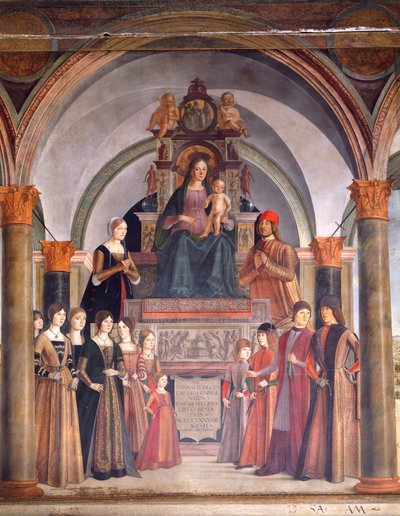 Madonna ve Meleklerle Çocuk, Lorenzo Costa (yaklaşık 1537-1583), San Giacomo Maggiore Kilisesi'ndeki Bentivoglio Şapeli, Bologna, İtalya by Lorenzo Costa