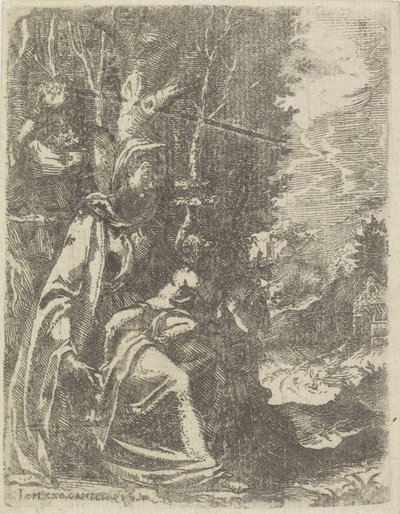 Bir manzarada genç Vaftizci Yahya ile Kutsal Aile by Lorenzo Gamberati