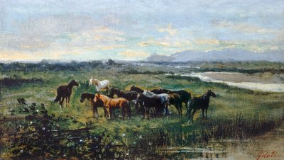 Vahşi Atlar, yaklaşık 1870, Lorenzo Gelati (1824-1893), panele aktarılmış tuval üzerine yağlı boya, 21x37 cm by Lorenzo Gelati