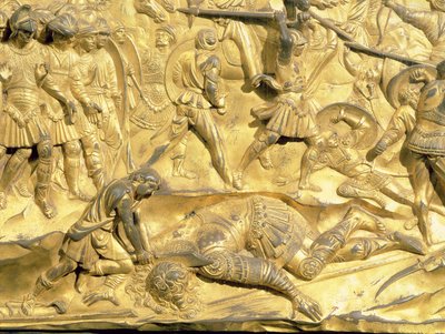 David ve Goliath, Vaftizhanenin Doğu Kapılarından orijinal panelden detay, 1425-52 (altın yaldızlı bronz) (restorasyon sonrası) by Lorenzo Ghiberti