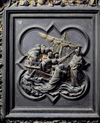 İsa Su Üzerinde Yürür ve Peter'ı Kurtarır, San Giovanni Vaftizhanesinin Kuzey Kapılarının sekizinci paneli, 1403-24 (bronz) by Lorenzo Ghiberti