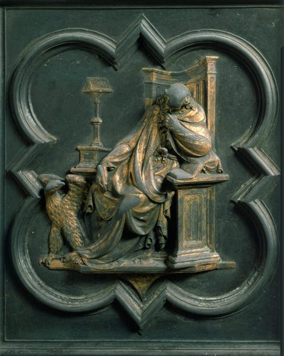 Kuzey Porte (Kuzeyde Haç Kapısı olarak adlandırılır), dış detay: Aziz John Evangelist. Lorenzo Ghiberti (1378-1455) tarafından yapılan bronz heykel by Lorenzo Ghiberti