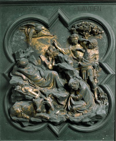 Kuzey Porte (kuzeye Porte de la Croix denir), dış detay: Nativite. Lorenzo Ghiberti (1378-1455) tarafından yapılan bronz heykel by Lorenzo Ghiberti