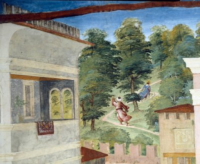 Aziz Barbara ormanda kovalanıyor, Christ-Vine ve Saint Barbara Efsanesi Lorenzo Lotto (yaklaşık 1480 - 1556), fresk, detay Villa Suardi, Suardi Şapeli, Trescore Balneario, İtalya by Lorenzo Lotto