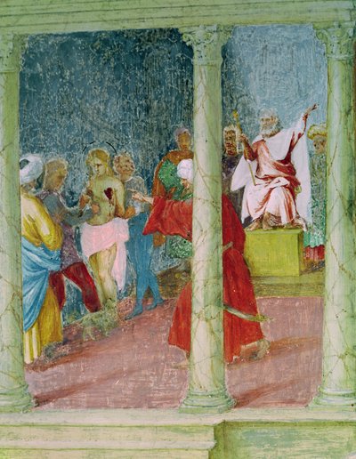 Scenes from the Life of St. Barbara, detail of St. Barbara before a judge, 1523-24  by Lorenzo Lotto