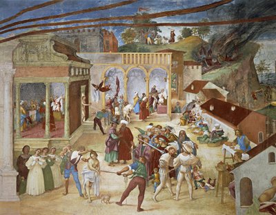 St Barbara şehrin sokaklarında gezdiriliyor, Christ-Vine ve Legend of Saint Barbara'dan Lorenzo Lotto (yaklaşık 1480 - 1556), fresk, detay, Villa Suardi, Capella Suardi, Trescore Balneario by Lorenzo Lotto
