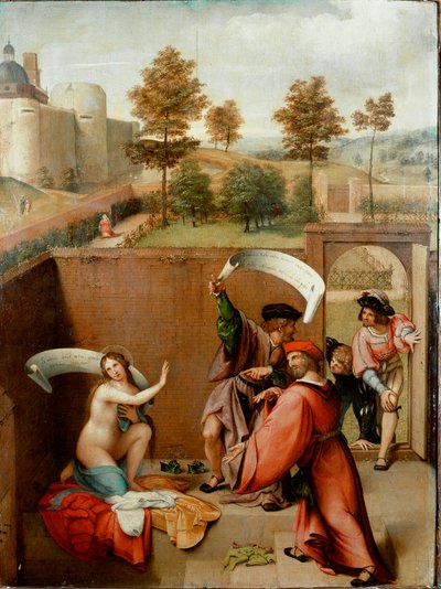 Suzanne banyoda veya “Suzanne ve yaşlılar”. Karakterler phykactere kullanır veya sözleri yazılır. Tablo Lorenzo Lotto (1480-1556) 1517. Galleria degli Uffizi (Ofisler) Floransa by Lorenzo Lotto
