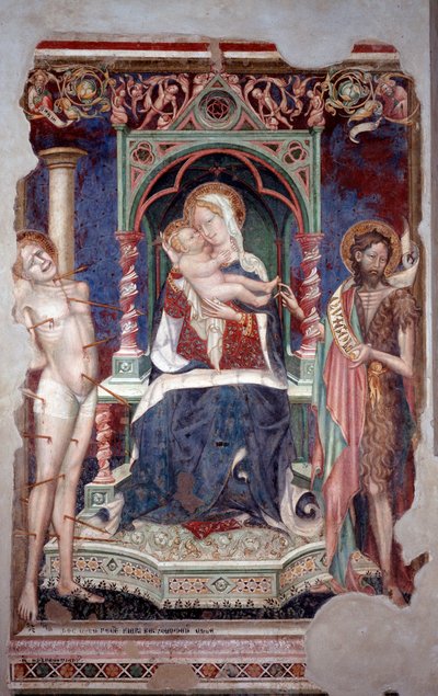 Aziz Sebastian ve Aziz John Baptist (Fresco) ile çevrili çocuklu Bakire by Lorenzo Salimbeni
