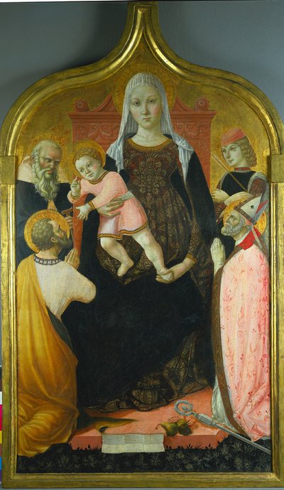 Bakire ve Çocuk, Aziz Anthony Abbott, Mark, Severino ve Sebastian ile, c. 1490-96 by Lorenzo dAlessandro da Severino II