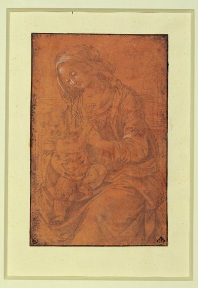 Madonna. Gümüş uç, somon pembesi kağıt üzerine beyaz renkle vurgulanmış ... by Lorenzo di Credi