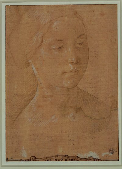 Bir kadın portresi, üç çeyrek yüz, saçlar bir ağ içinde tutulmuş ... by Lorenzo di Credi