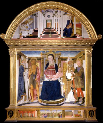 Çocuk ve Aziz Blaise ile Madonna, Vaftizci Yahya, Nicholas ve Florian. Müjde, 1462 by Lorenzo di Pietro
