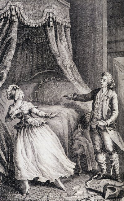 Yatak odasının yatağının önündeki çift - Restif de La Bretonne (1734-1806), hasta tarafından "" Les francaises ou, mevcut adetlerde kızları, kadınları, karıları, anneleri yönetmeye uygun 34 örnekte seçilmiştir. Binet, Neufchatel tarafından by Louis (after) Binet