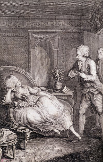 Gentilhomme, bir çobanın üzerinde çürüyen bir hanımefendiye aşkını ilan ediyor - Restif de La Bretonne (1734-1806), hasta tarafından “” Les francaises ou mevcut adetlerde kızları, eşleri, anneleri yönetmeye uygun 34 örnek seçilmiş. Binet, Neufchatel tarafı by Louis (after) Binet