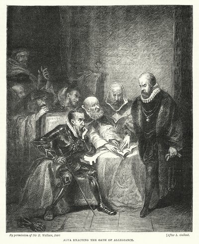 Alva bağlılık yemini ediyor (gravür) by Louis (after) Gallait