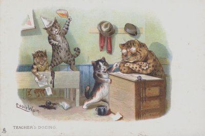Sınıftaki kediler: öğretmen uyukluyor ve bu yüzden öğrenciler yaramazlık yapıyor (chromolitho) by Louis (after) Wain