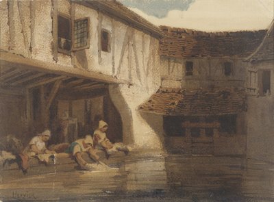 Su üzerinde bir konut kompleksinin açık bir salonunda kadınları yıkamak by Louis Adolphe Hervier (signed by artist)