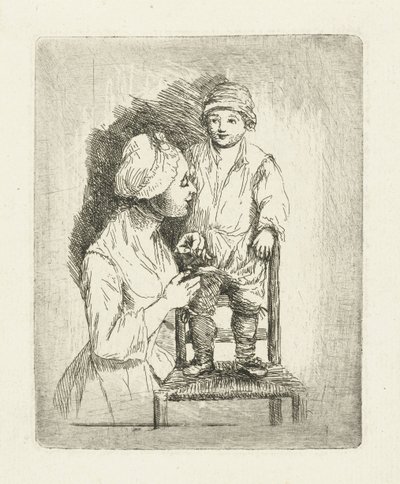 Bir anne oğlunun pantolonunu ilikliyor by Louis Bernard Coclers