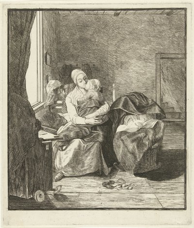 Pencerenin önünde uyuyan çocuğu olan anne by Louis Bernard Coclers