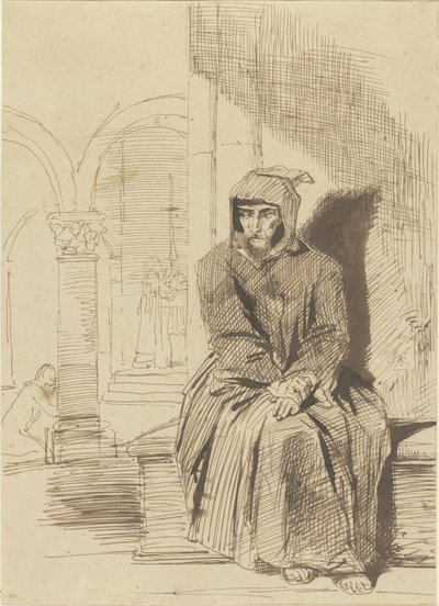 Keşiş oturmuş, tefekkür içinde, Mass arka planda kutlanırken by Louis Boulanger