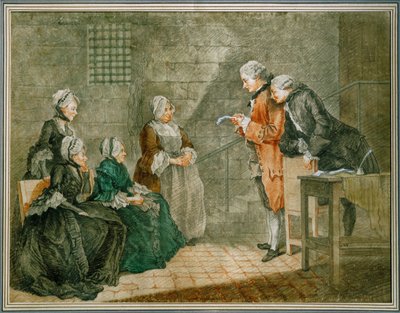 La malheureuse famille Calas - Dul kadın ve çocuklar Calas, Conciergerie hapishanesinde babaya verilen cezanın iptalini dinliyor ... by Louis Carrogis