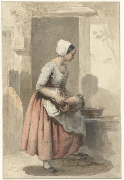 Bir evin girişinde bir sürahi ile kız by Louis Chantal
