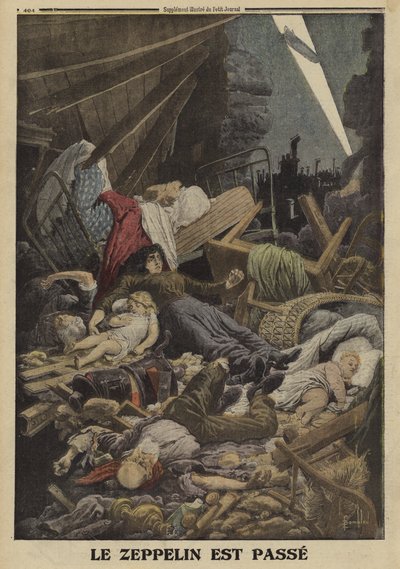 Bir Alman Zeplininin bombalı saldırısında ölen aile, I. Dünya Savaşı, 1916 (renkli taş) by Louis Charles (after) Bombled