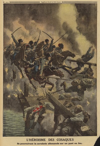 Rus Kazakları, Alman süvarilerini Strypa Nehri üzerindeki yanan bir köprü boyunca takip ediyor, I. Dünya Savaşı by Louis Charles (after) Bombled