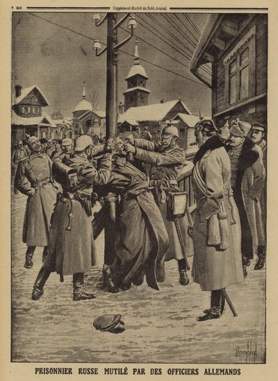 Alman subayları tarafından sakatlanan Rus savaş esiri, I. by Louis Charles (after) Bombled